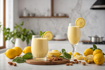 Wall Mural - Lemon smoothie. Summer refreshing lemon beverage, drink, juice, shake or cocktail.