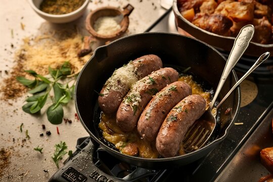 Homemade sausage with italian herbs and cheese in a cast iron pan
