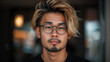 A young man 35 year old, with glasses and a beard is standing in front of a window. a casual and relaxed mood. Western man with Asian features, mixed race between the West and Asia blond, with glasses