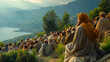 The Sermon on the Mount: With crowds gathered at his feet, Jesus delivers his timeless teachings atop a verdant hillside overlooking the tranquil waters of the Sea of Galilee. His