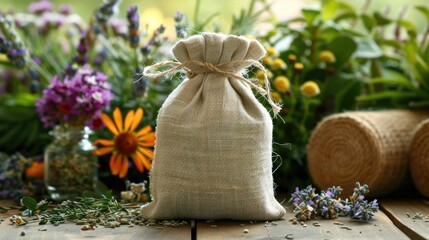 Aromatic Herbal Sachet Beside Fresh Plants Highlighting Natural Fragrance Sources for Cozy Eco Friendly Decor and Wellness