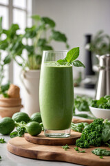 Sticker - Green detox smoothies with fresh green leafy vegetables. Healthy food.