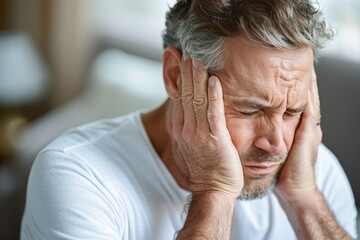 A man in his late 40s or early 50s is sitting on a couch, holding his head in his hands. He looks stressed and tired.