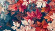 An artistic rendering of autumn leaves in red, orange, pink and white, with a blue background.