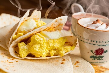 Wall Mural - Breakfast tacos with scrambled eggs and hot chocolate