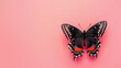 A dark mysterious butterfly with vivid orange and white spots contrasts against a soft pink background