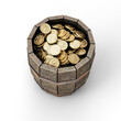 Wooden Cask Barrel with Golden Coins. 3D Illustration. File with Clipping Path.
