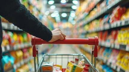 In the fluorescent-lit aisles, a solitary arm guides the red-gripped cart through the maze of shelves, epitomizing the humdrum of a routine shopping expedition.
