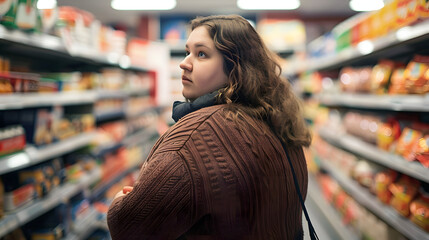 Wall Mural - Young, overweight woman shopping in a supermarket 
