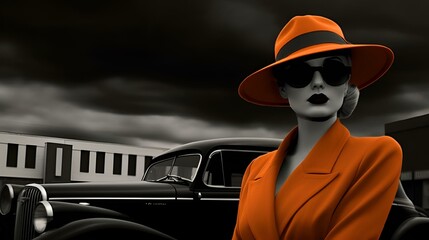 a woman in orange coat sitting on the hood of an old car