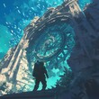 An adventurer in diving gear approaches a majestic clock face at the center of an underwater temple.