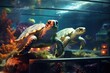 Turtles swimming in a tank with submerged LED lights.