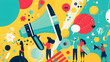 Dynamic flat design illustration of people engaging with large megaphones and communication bubbles.

