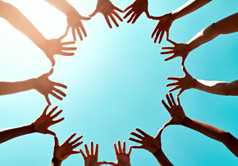 Poster - Circle, unity and teamwork with hands with sky for trust with lens flare. Earth day, care and recycling with eco friendly for planet with blue background for global with climate change for people