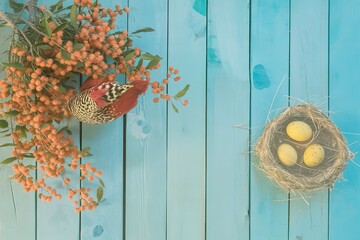 Branch of mimosa, dyed red spotted quail and yellow eggs in nest on blue wooden boards
