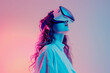 Young woman wearing a virtual reality glasses, bright gradient studio background. AI generative