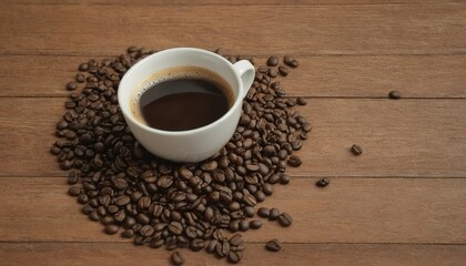 Wall Mural - Hot Coffee cup and coffee beans roating on the wooden table