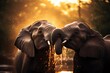 Elephants spraying water on each other in a bokeh-lit safari setting.