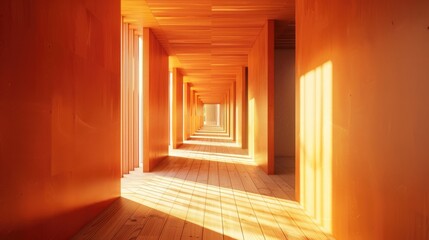 Poster - A Brightly Lit Wooden Corridor in Orange Tones for an Open Space Atmosphere