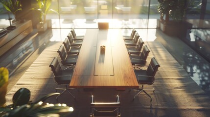 Poster - An Elegant Conference Room with a Sunset View through Floor-to-Ceiling Windows