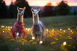 Llamas wearing fairy light-adorned blankets in a meadow.