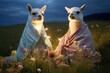 Llamas wearing fairy light-adorned blankets in a meadow.