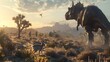 a large dinosaur is moving through a desert in this scene