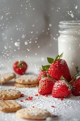 Poster - some cookies and strawberries are sitting on a counter with some milk