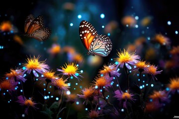 Wall Mural - Butterflies fluttering around flowers with twinkling lights.