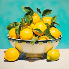 Canvas Print - AI generated illustration of fresh lemons in a bowl on a blue background