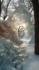 Poster - AI-generated illustration of a beautiful ice arch in the forest illuminated by sunlight