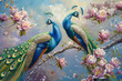 3D wallpaper , oil painting tree branch with flowers , oil painting two peacock