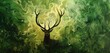 A regal stag stands proudly amidst a sea of emerald green, antlers reaching towards the sky as if challenging the heavens themselves.