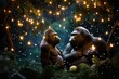 Gorillas enjoying a playful session in a forest filled with firefly lights.