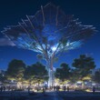 Enchanting Eco-Tourism Attraction: Spectacular Solar-Powered Tree in Modern Urban Park Illuminated at Nightfall