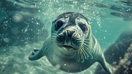 Wall Mural - A playful seal pup, sleek body frolicking in the crystal-clear waters, eyes sparkling with joy against a backdrop of icy Arctic waters.