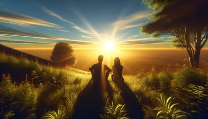 Wall Mural - people are walking in a field during sunset with the sun setting