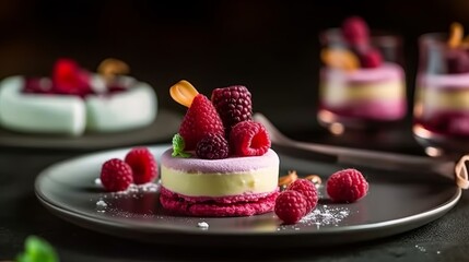 Poster - dessert, with raspberries and cream on plate with utensils on plate