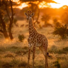 Sticker - AI illustration of a giraffe standing in a field of tall dry grass