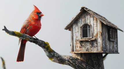 Wall Mural - A red cardinal perched on a branch next to a birdhouse