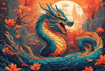 Wall Mural - AI generated illustration of a dragon in forest with orange leaves, gazing at moon