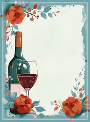 Poster - AI generated illustration of a template invitation card featuring a wine bottle and glass