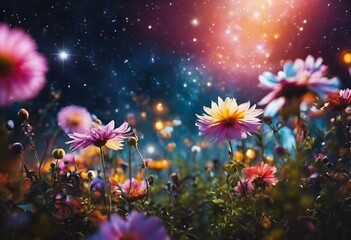 Wall Mural - the sun shines in the background of flowers in front of bright stars