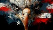 A close-up image of a majestic bald eagle with its wings dramatically spread, superimposed on a stylized American flag.