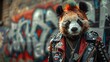 Panda with a punk look in a leather jacket and vibrant hair on a subway train, graffiti street art