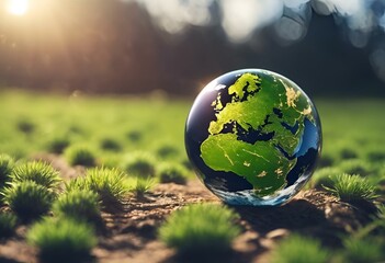 Wall Mural - a glass earth with a green leaf on the top, sits in a grassy field