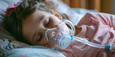 Girl 5 years wearing oxygen mask sleeping in bed, recovering after sickness in hospital ward