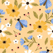 Summer seamless pattern with flowers, butterflies and leaves. Suitable for printing on fabric and wrapping paper.