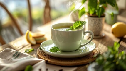 Canvas Print - AI generated illustration of Steaming Herbal Tea in White Cup with Fresh Mint and Lemon Slices