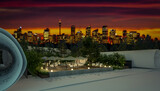 Fototapeta  - Project of an Outdoor Patio Restaurant Illuminated by City Skyline of Sidney - 3D Visualization